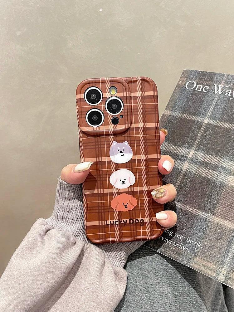 ACPC227 Cute Phone Case For iPhone 15, 14, 13, 12, and 11 Pro Max - Lucky Dog - Brown Plaid Cover - Touchy Style .