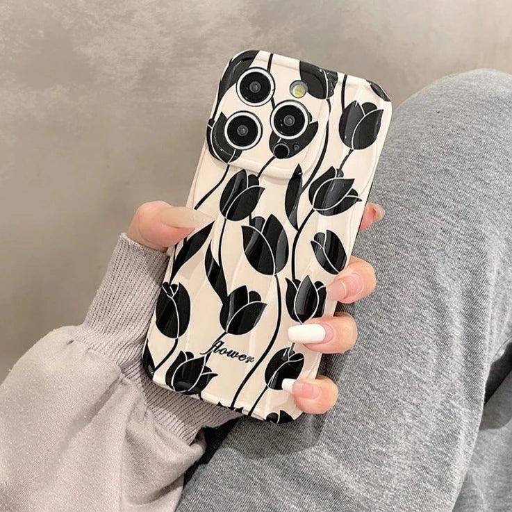 Black Tulip Flower Cute Phone Case for iPhone 11-15 Pro Max - Touchy Style .