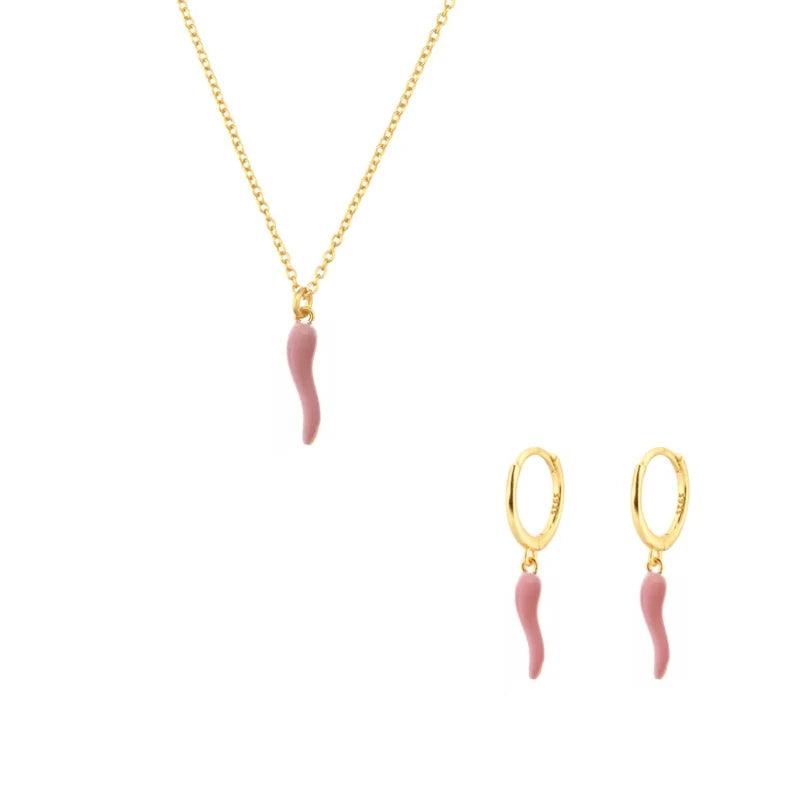 Fashionable Gold Chili Pendant Earrings and Necklace Set with Red Enamel Accents Charm Jewelry - Touchy Style .