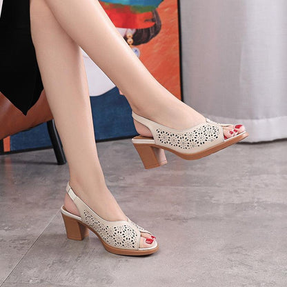 GQ249 Elegant Leather Thick-Heeled Sandals - Women&