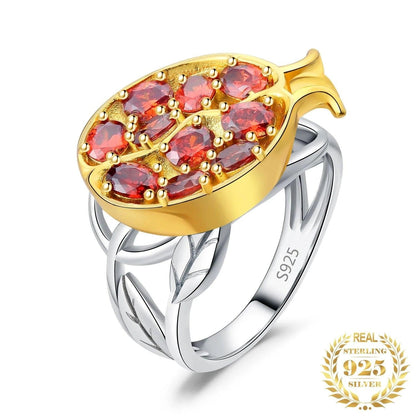 JPRCJ338 Finger Ring Charm Jewelry - Pomegranate Leaf Red Gemstone - 925 Sterling Silver - Touchy Style