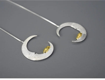 Puppy &amp; Moon Long Dangle Earrings Charm Jewelry - 925 Sterling Silver - LFJB0265 - Touchy Style .