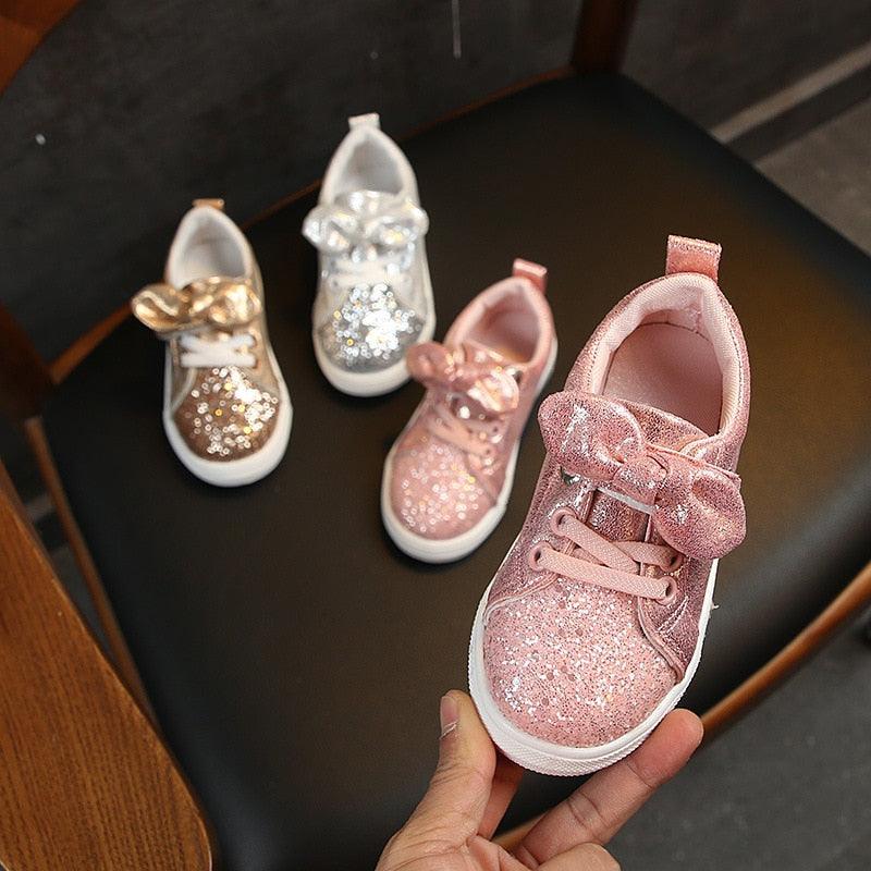 Soft Glitter Toddler Girls Sneakers with Crystal - TH346 Baby Kids Casual Shoes Champagne / 22