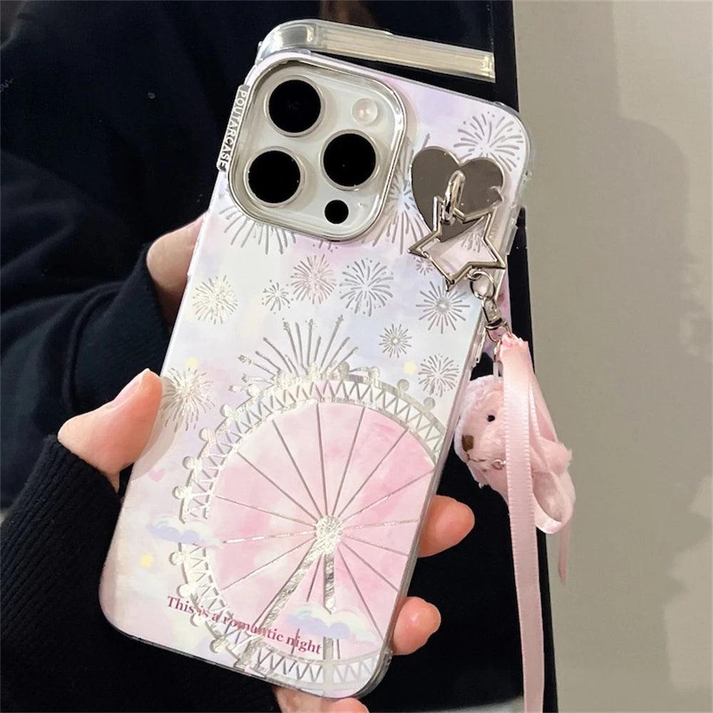 TSP1 Cute Phone Case for iPhone 15, 14, 13, or 12 Pro Max - Fireworks Ferris Wheel Pattern and Rabbit Pendant - Touchy Style