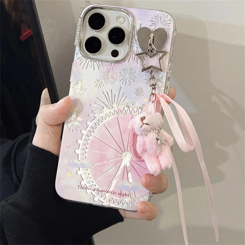TSP1 Cute Phone Case for iPhone 15, 14, 13, or 12 Pro Max - Fireworks Ferris Wheel Pattern and Rabbit Pendant - Touchy Style