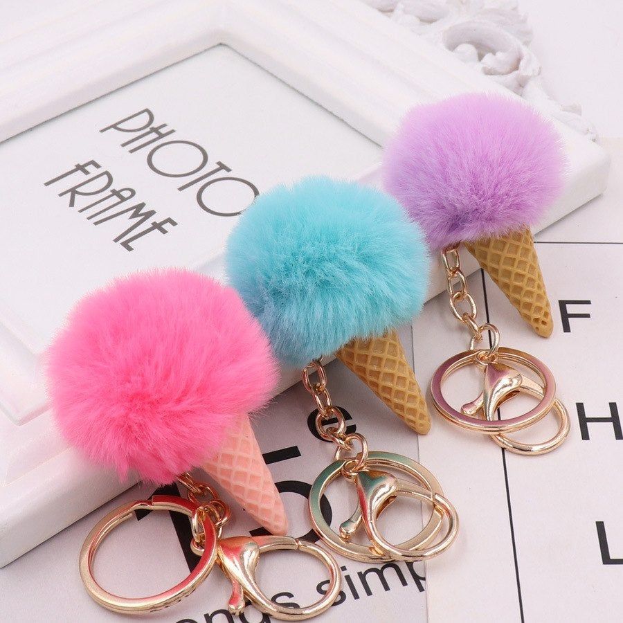 Cute ice cream Keychain Glitter Pompom Unique Key Chain Gifts for Wome
