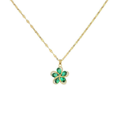 Stainless Steel Green Zircon Flowers Pendant Necklace Charm Jewelry NCJIO30 - Touchy Style .
