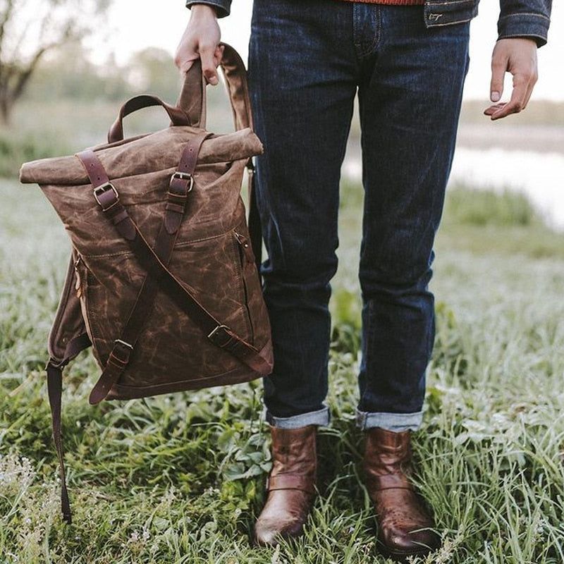 Waterproof Waxed Canvas Backpack, Leather, Vintage, Outdoor