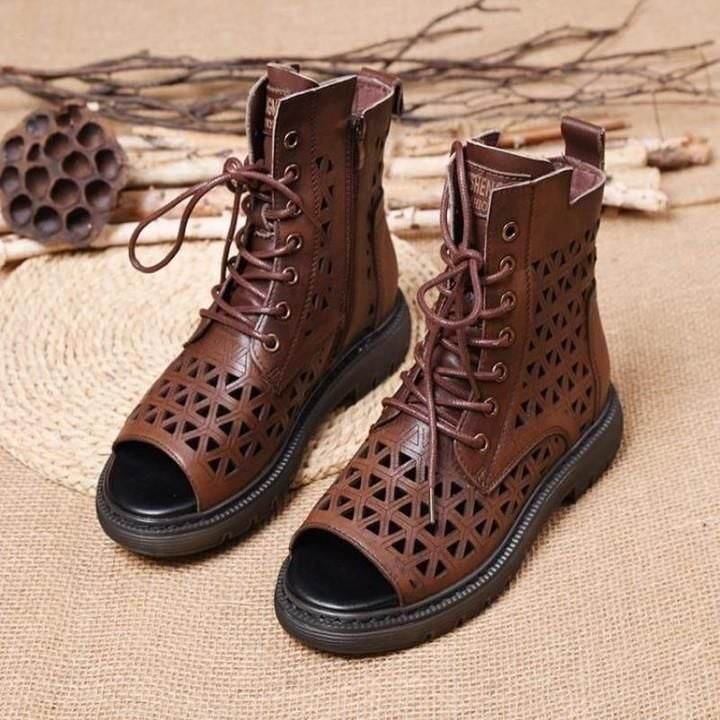 Casual Shoes For Ladies Sandals Hollow-Out Gladiator Flat Open Toe Genuine Leather Summer Cool Boots - Touchy Style