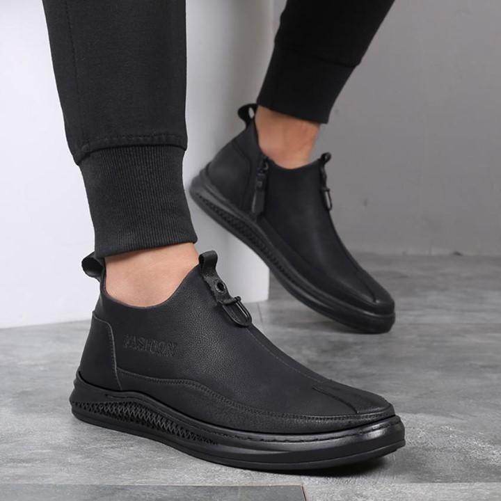⁌ Autumn Casual Boots Men Comfortable Leather Boots Zipper Side Boots High Quality Ankle Black Boo - Touchy Style