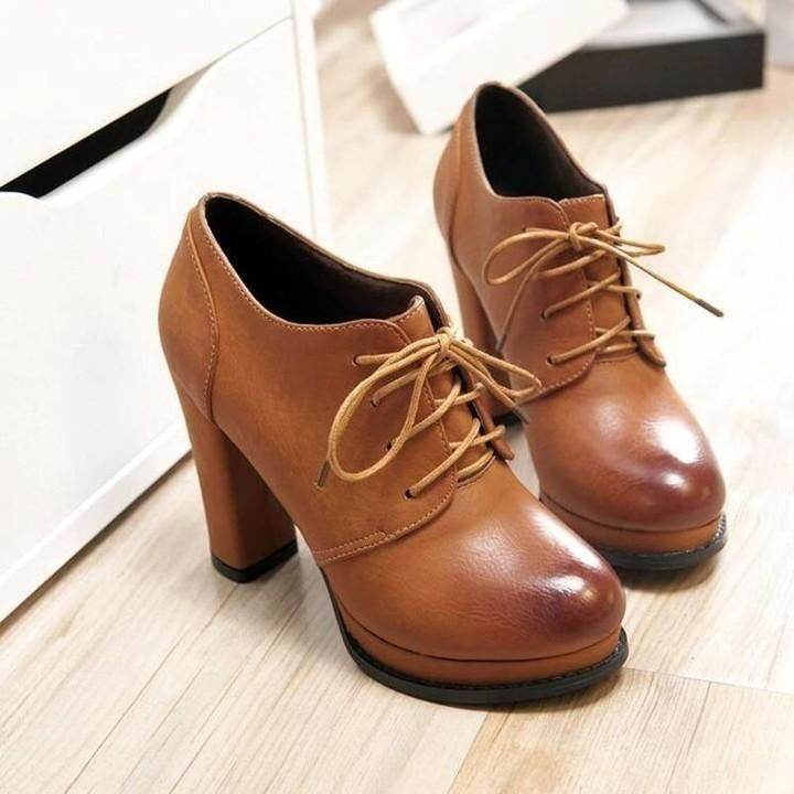 ⭕️ Women's Casual Shoes 2021 Black Brown High Heels Chunky Lacing Platform Ankle Boots at $55.99 - Touchy Style