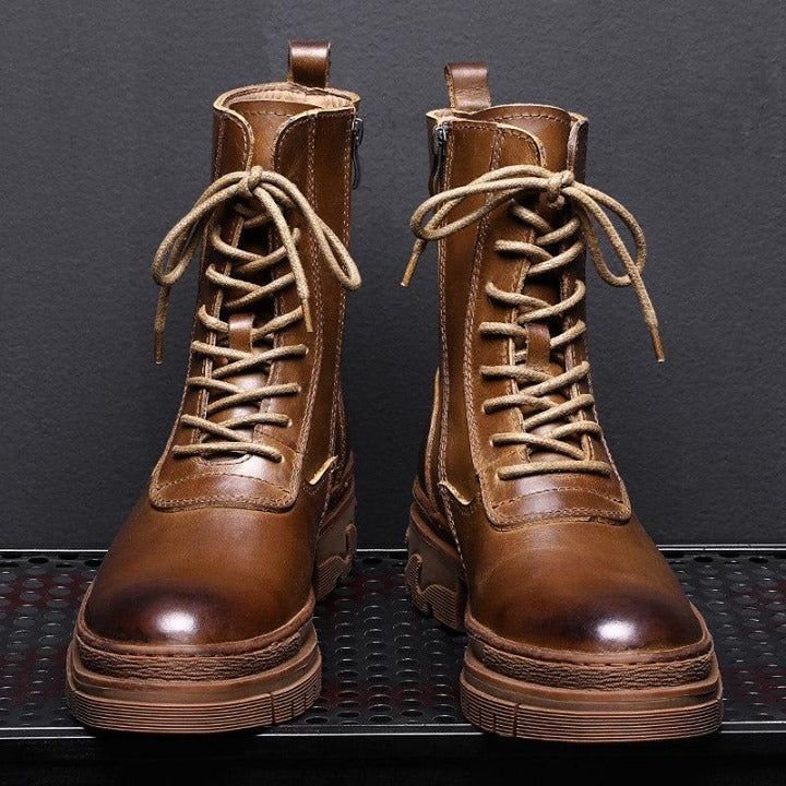⁌ 5CM Heels Mid-calf Motorcycle Boots Mens Genuine Leather Lace Up Work Boots Winter Chelsea Boots - Touchy Style .