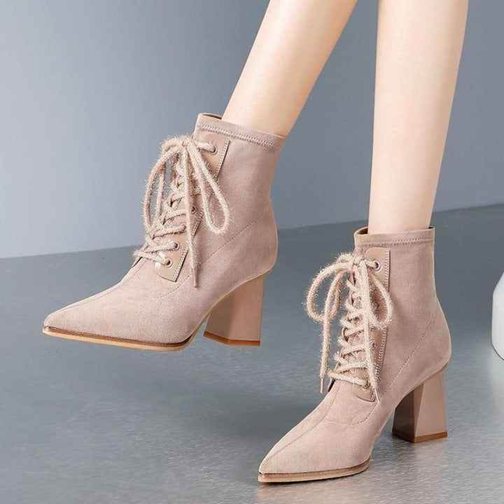 ⁌ Women Boots Fall Winter Warm Short Ankle Boots Pointed Toe Slip On Wedges 7cm Heel Non-Slip Shoe - Touchy Style