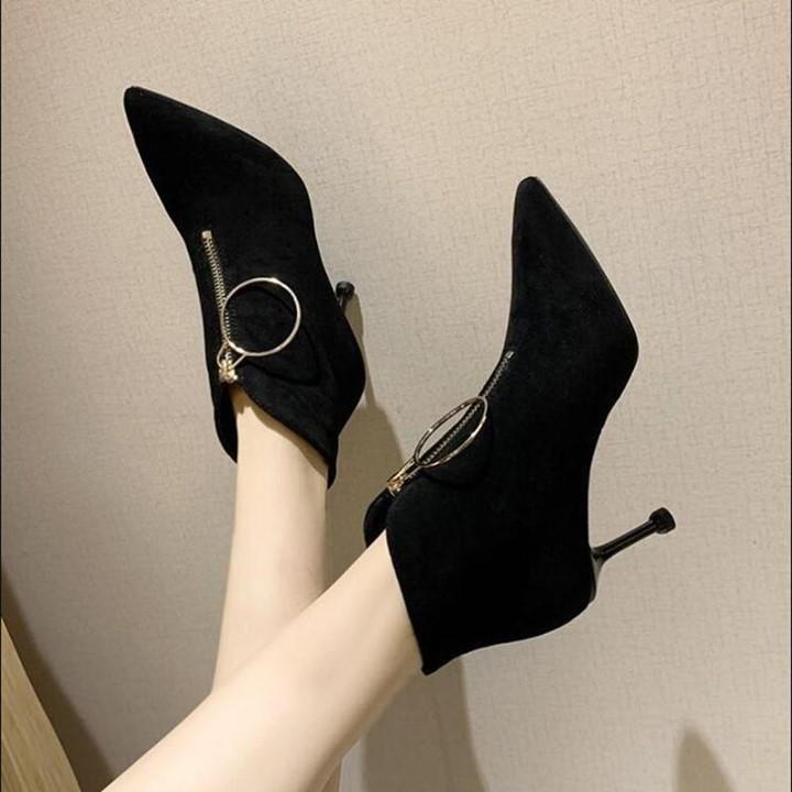 Ankle Boots Black Microfiber High-heeled Retro Shoes For Women's - Touchy Style .
