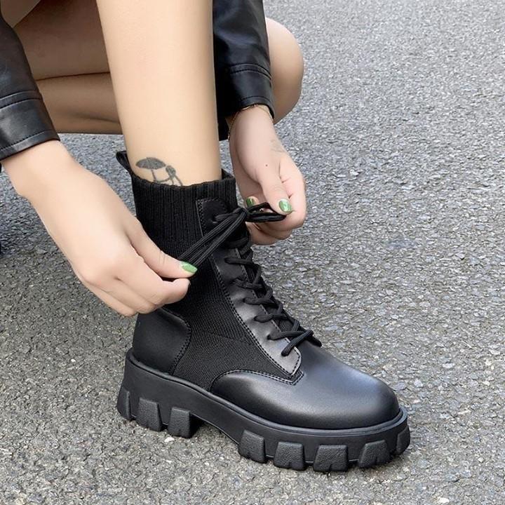 Army Combat Ankle Boots Gothic Black Sock Leather Shoes For Women's - Touchy Style .