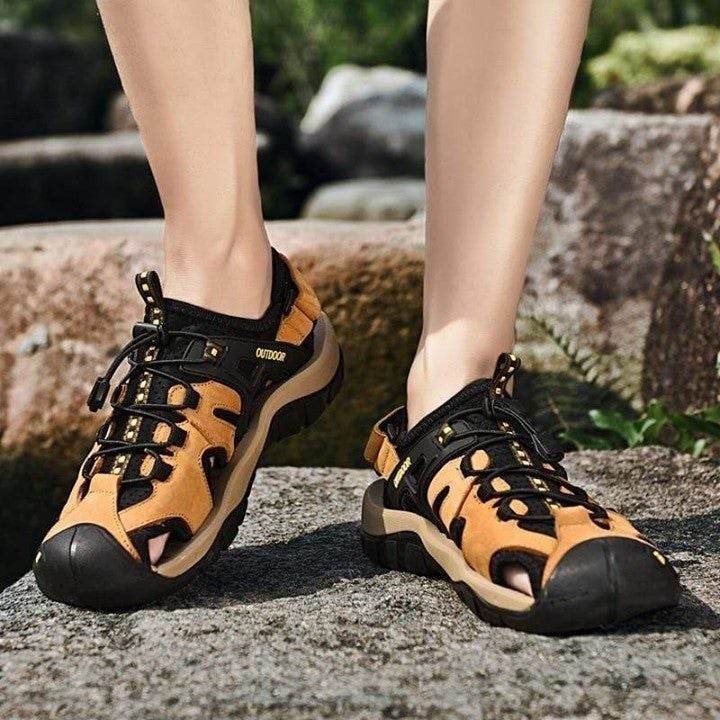 Upgrade Your Style with Brown Leather Geometric Sandals for Men - Touchy Style