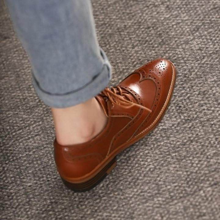 ☑️ $79.17 | Women's Casual Shoes 2021 Oxford Genuine Leather Flats Brogues Vintage lace up Brown - Touchy Style