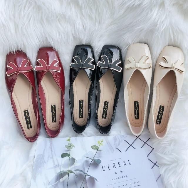 😍 Casual Shoes 2021 Spring Summer Square Toe Banquet Shoes Women Shallow Bow Red Flat Shoes Lady - Touchy Style .