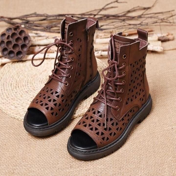 Casual Shoes For Ladies Sandals Hollow-Out Gladiator Flat Open Toe Genuine Leather Summer Cool Boots - Touchy Style .