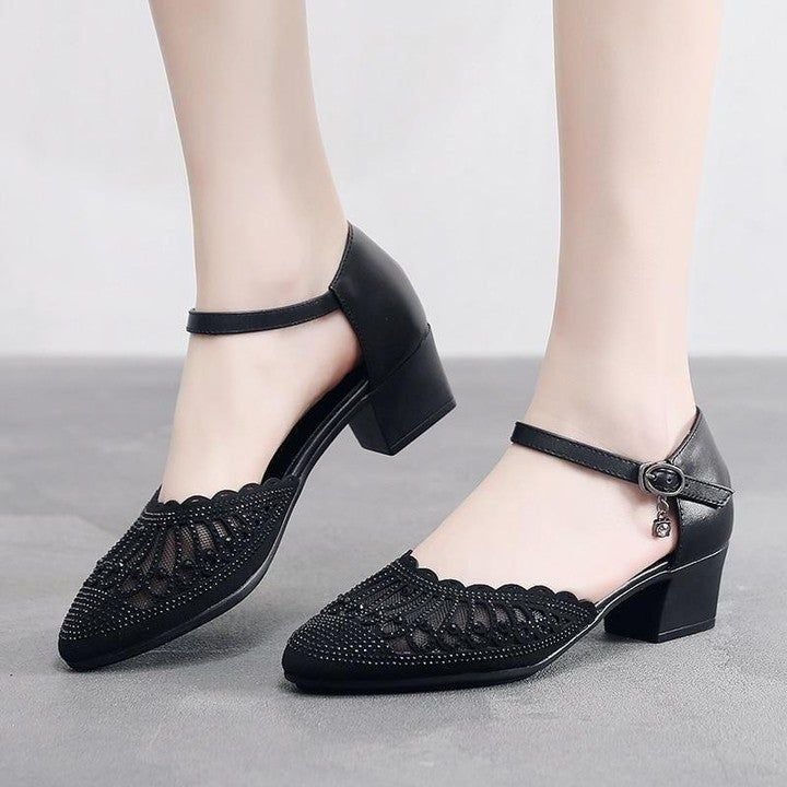 Casual Shoes For Women Thick Heel Sandals Hollow Breathable Rhinestone Buckle Genuine Leather Pointe - Touchy Style .