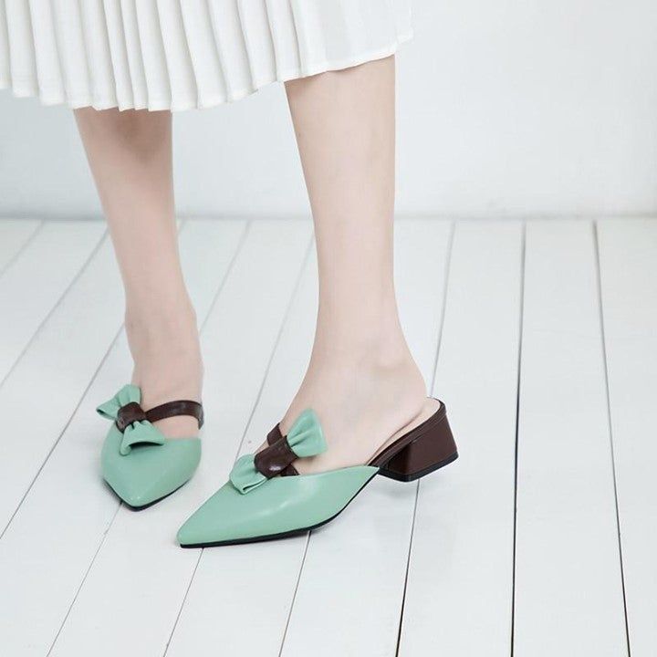 ✪ Casual Shoes Leather Women Slippers High Heels Shoes Mules Brand Pointed Toe Summer Shoes Woman - Touchy Style .