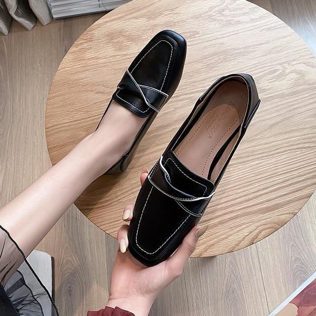 🔥 Casual Shoes Women Flat Shoes Fashion Square Toe Leather Shoes Women Black apricot New Design S - Touchy Style .