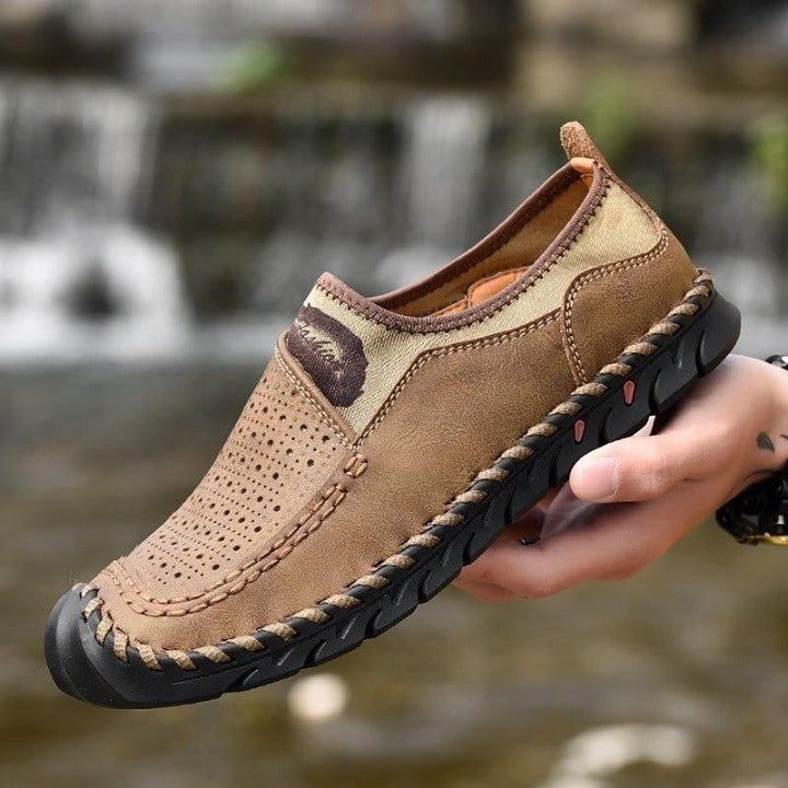 Classic Brown Leather Loafers for Men: Comfortable and Casual with a Geometric Twist - Touchy Style .