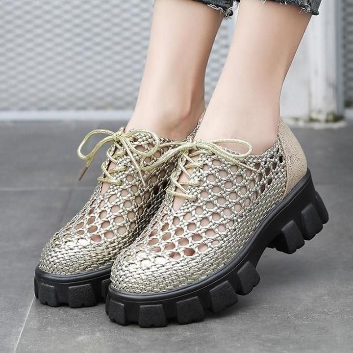 👟 $66.53 | Women's Casual Shoes Genuine Leather Hollow Breathable Flat Woven Hole Handmade Shoes - Touchy Style .