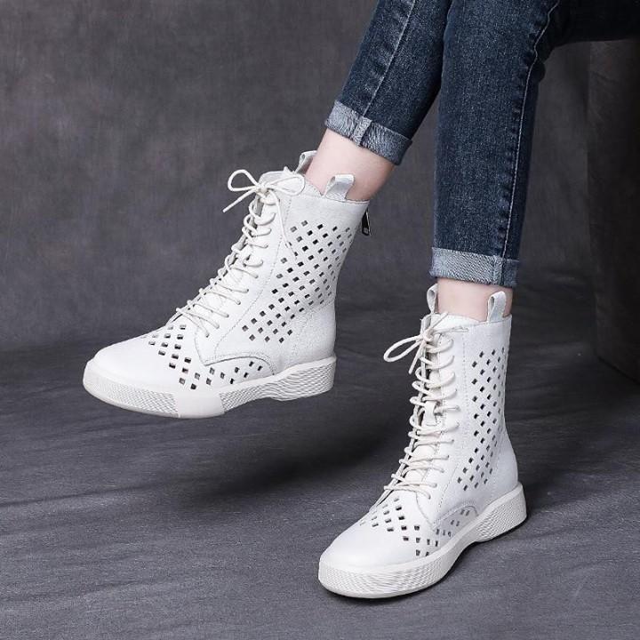 👟 $78.98 | Women's Casual Shoes 2021 Ankle Boots Genuine Leather Med High Heel Cutout Breathable - Touchy Style .