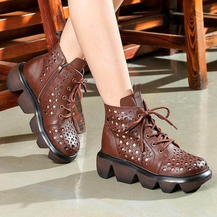 ⭕️ Casual Shoes For Women New Genuine Leather Wedge Ankle Boots Retro Hollow Out Lace-up Breatha - Touchy Style