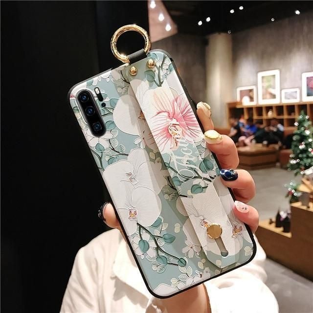 Flower Leather Phone Cases With Wrist Strap For Huawei - Touchy Style .