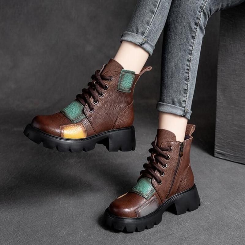 Genuine Leather Zip Round Toe Wedges Retro Mixed Colors Ankle Boots 2021 - Touchy Style .