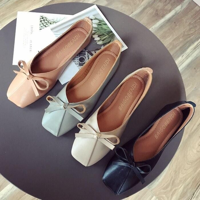 Leather Square Toe Ballet Bow knot Flats Women's Casual Shoes - Touchy Style .