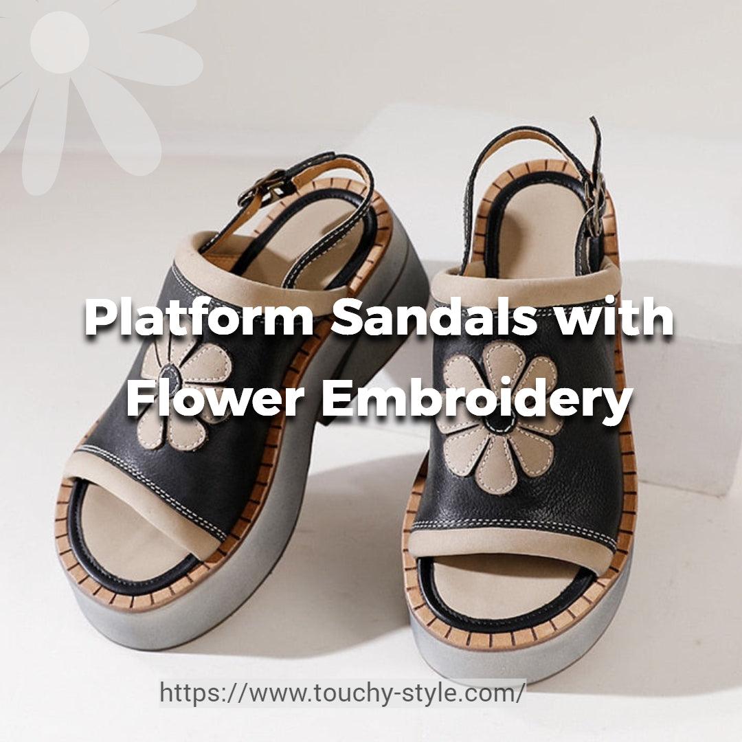 Platform Sandals with Flower Embroidery - Touchy Style .