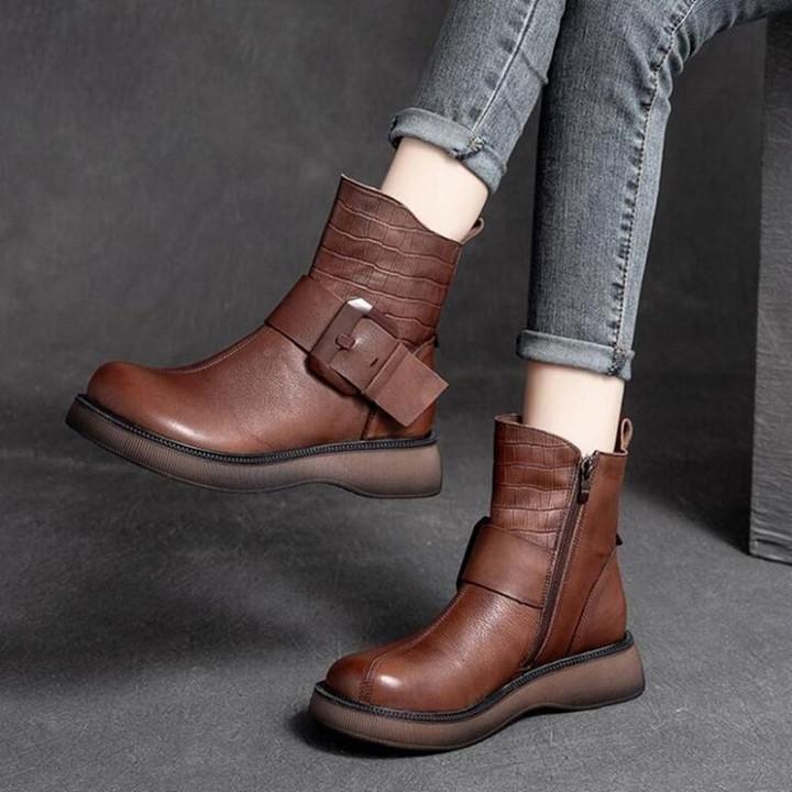🔥 Women's Casual Shoes 2021 Genuine Leather Female Boots British Retro Motorcycle Boots . | $80.9 - Touchy Style .