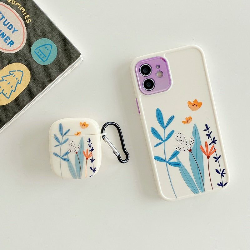 2pcs/Set Flowers Cute Phone Case + Earphone Cover For Airpods (1/2/Pro) - Compatible with iPhone 12, 11 Pro Max, XR, XS, X, 7, 8 Plus - Touchy Style .
