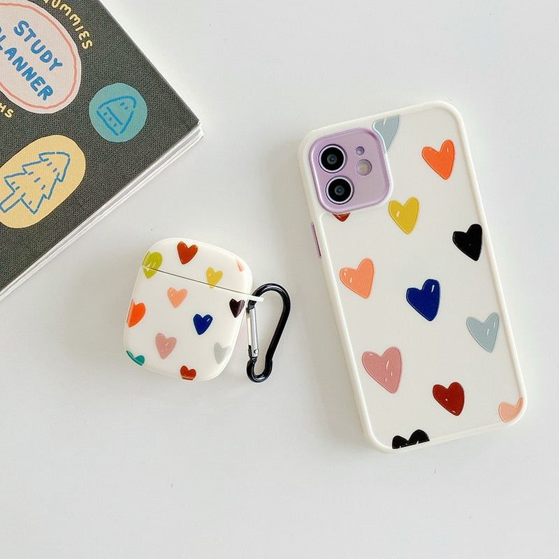 2pcs/Set Heart Cute Phone Cases + Earphone Cover For Airpods (1/2/Pro) - Compatible with iPhone 12, 11 Pro Max, XR, XS, X, 7, 8 Plus - Touchy Style .