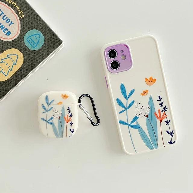 2pcs/Set Heart Flowers Soft Phone Case For iPhone 14 13 12 11 Pro Max XR XS X 8 Plus Marble Earphone Cover For Airpods 1/2/Pro/3 - Touchy Style .