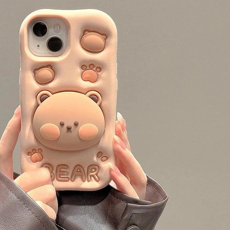 3D Bear Hidden Holder Cute Phone Case for iPhone 11, 12, 13, 14, 15 Pro Max, XS, XR, X, 7, 8 Plus - Touchy Style .