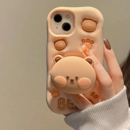 3D Bear Hidden Holder Cute Phone Case for iPhone 11, 12, 13, 14, 15 Pro Max, XS, XR, X, 7, 8 Plus - Touchy Style .