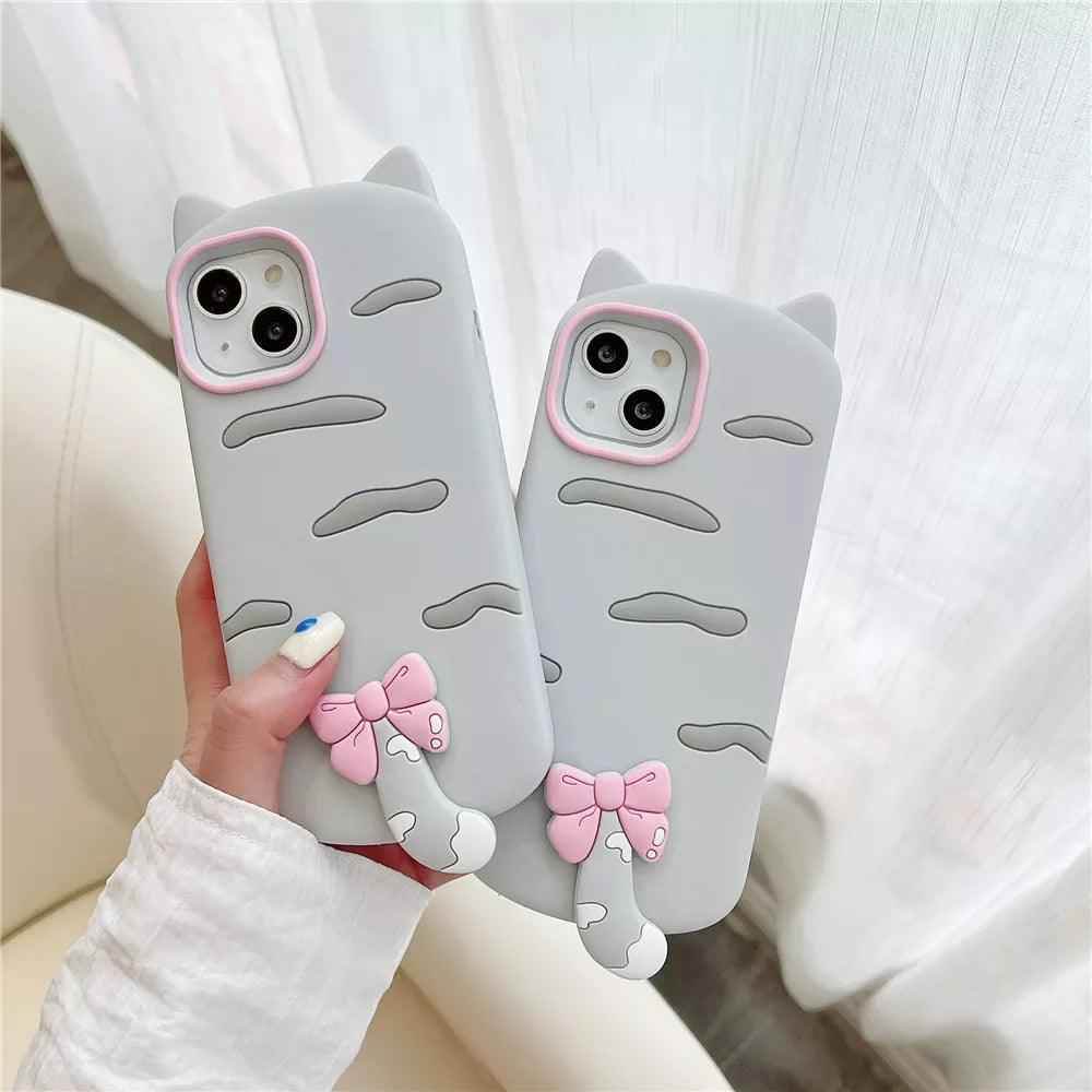 3D Cartoon Bowknot Cat - Cute Phone Cases For iPhone 15, 14 Plus, 13, 12, 11 Pro Max - Touchy Style