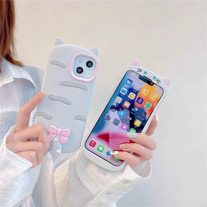 3D Cartoon Bowknot Cat - Cute Phone Cases For iPhone 15, 14 Plus, 13, 12, 11 Pro Max - Touchy Style