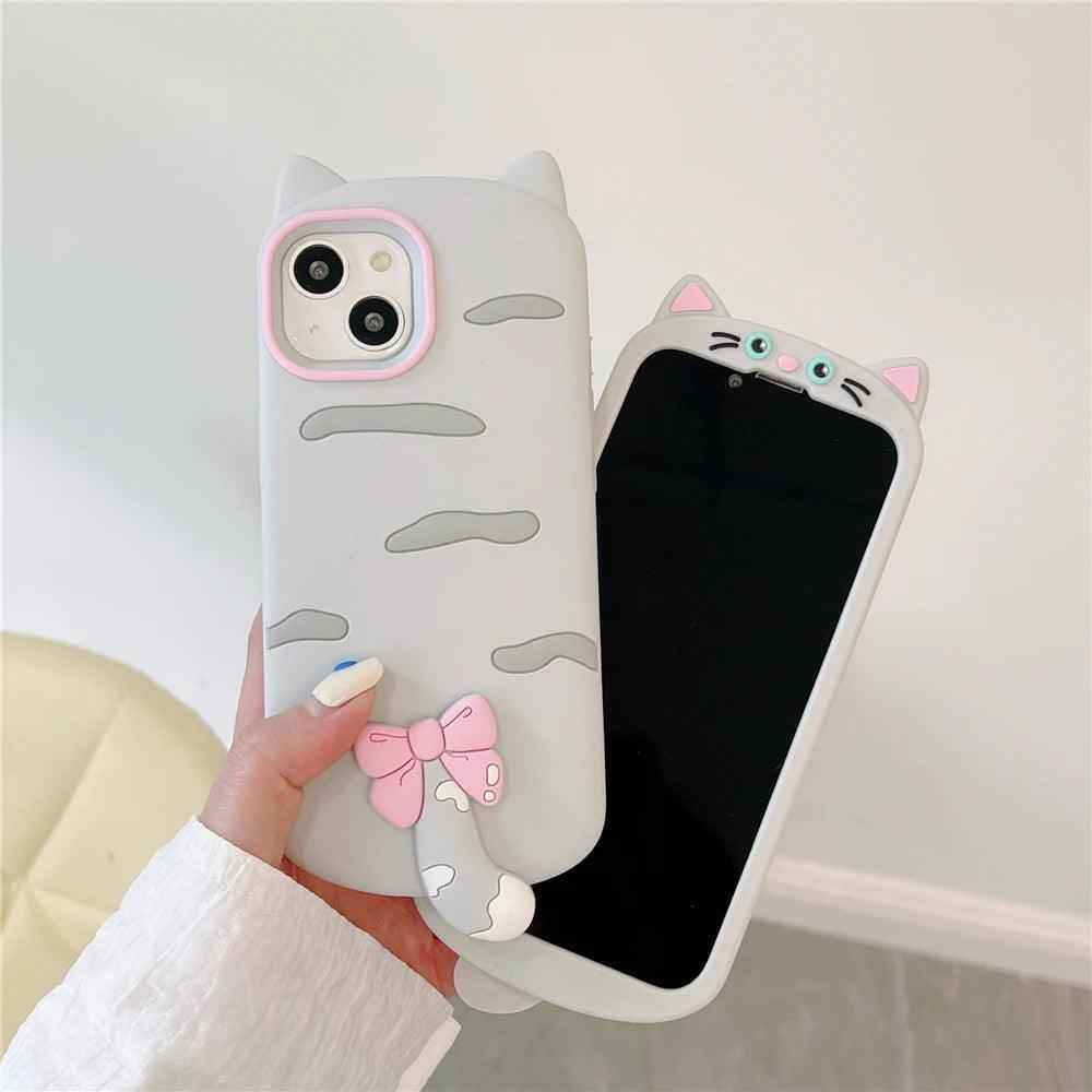3D Cartoon Bowknot Cat - Cute Phone Cases For iPhone 15, 14 Plus, 13, 12, 11 Pro Max - Touchy Style