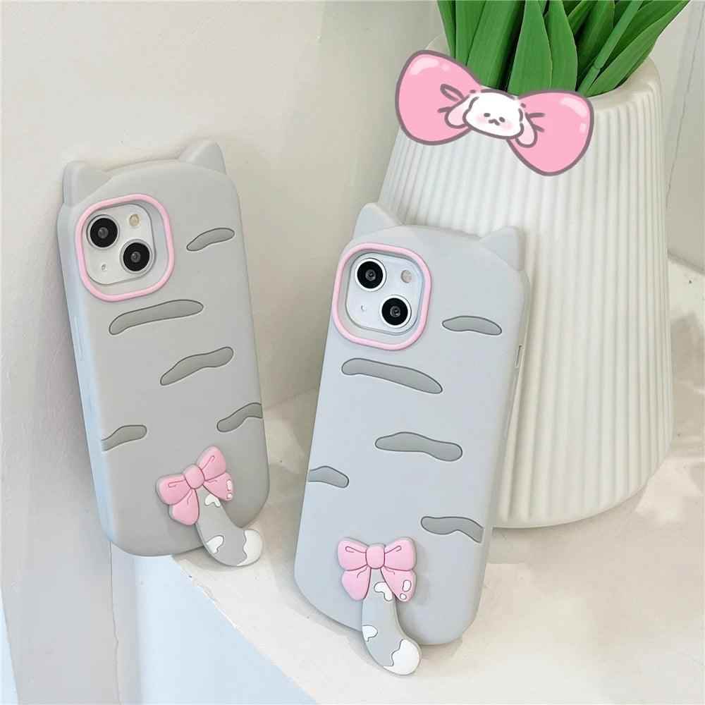 3D Cartoon Bowknot Cat - Cute Phone Cases For iPhone 15, 14 Plus, 13, 12, 11 Pro Max - Touchy Style