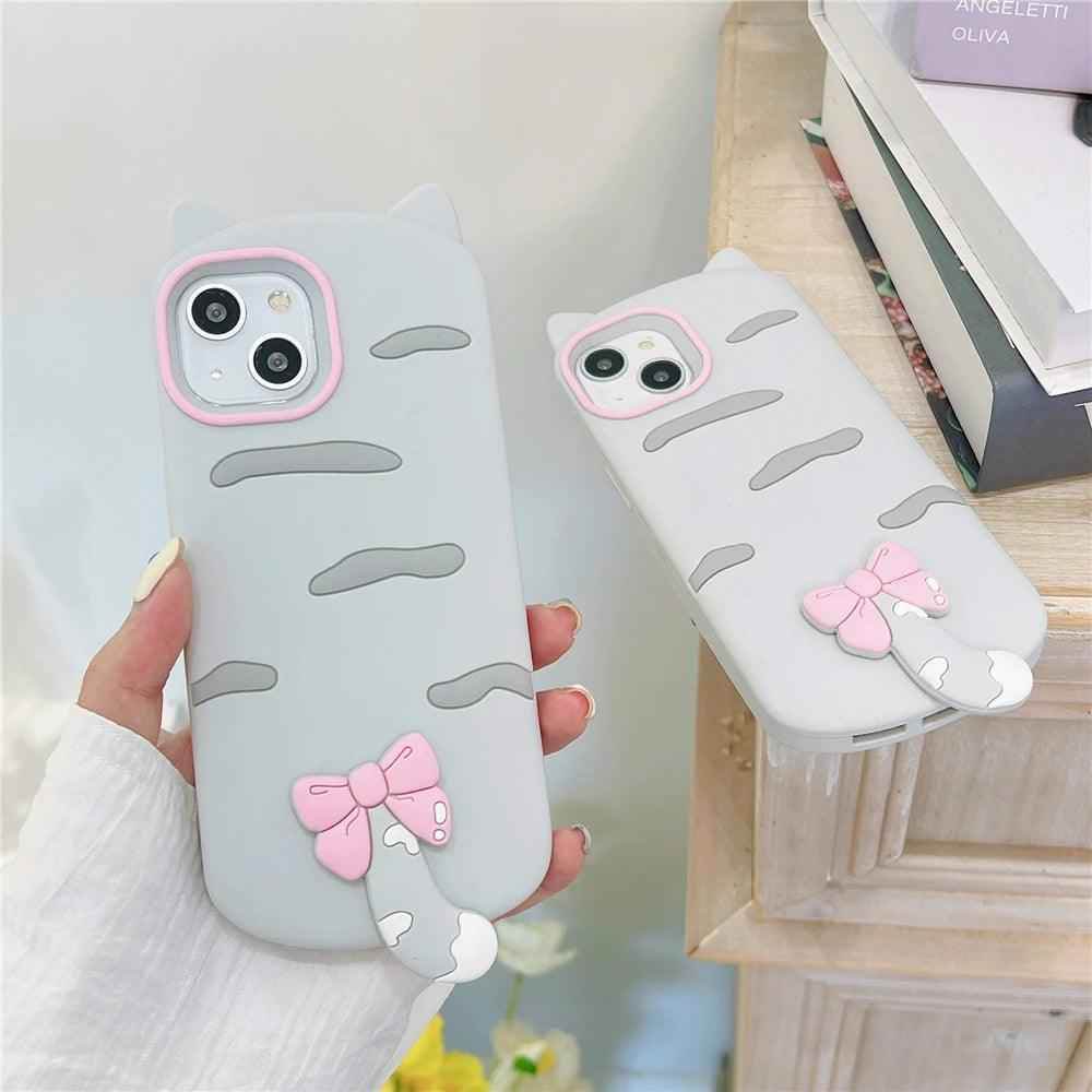 3D Cartoon Bowknot Cat - Cute Phone Cases For iPhone 15, 14 Plus, 13, 12, 11 Pro Max - Touchy Style