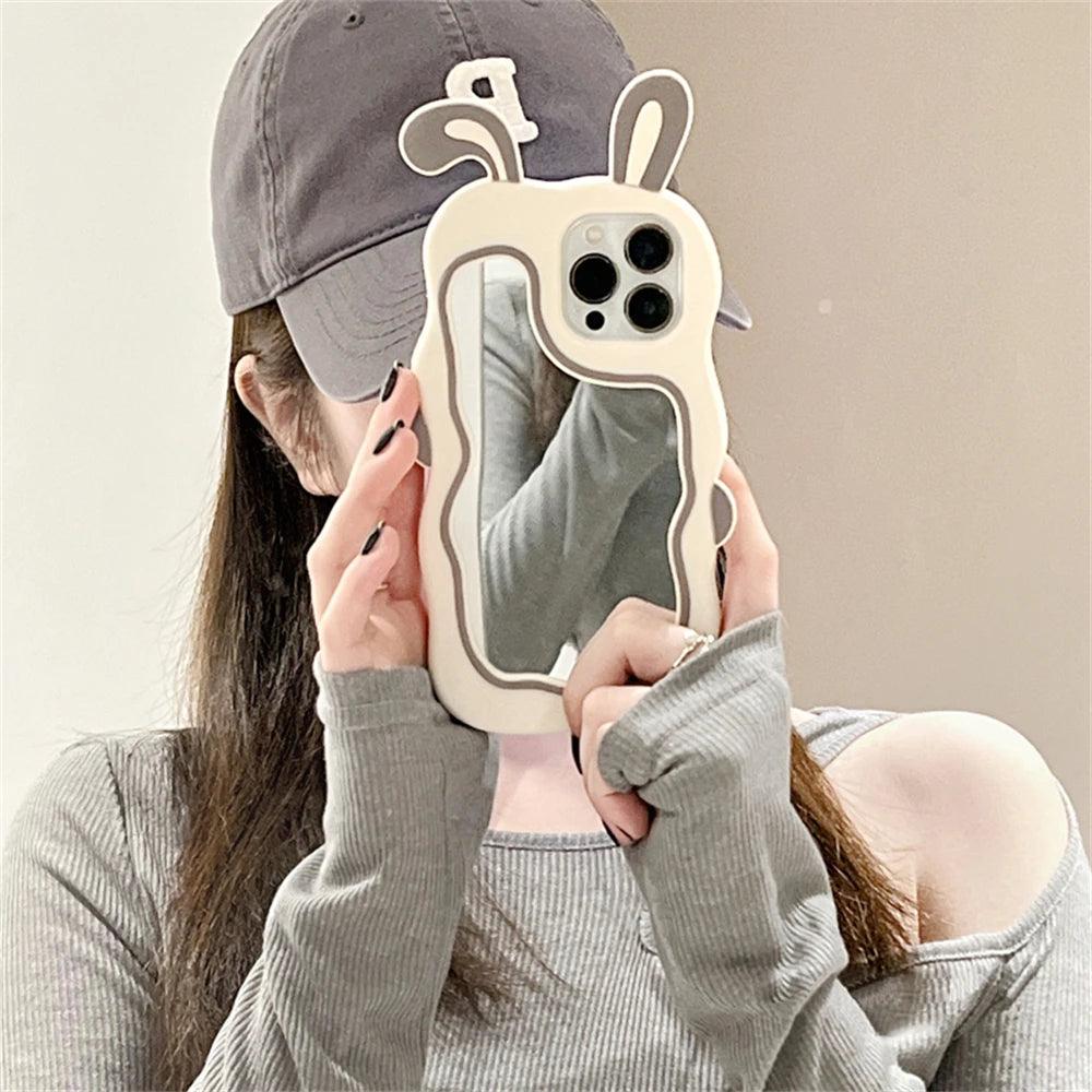 3D Cute Rabbit Ear Mirror Phone Cases For iPhone 15 14 13 11 12 Pro Max XS XR X 7 8 Plus Cartoon Shockproof Cover - Touchy Style .