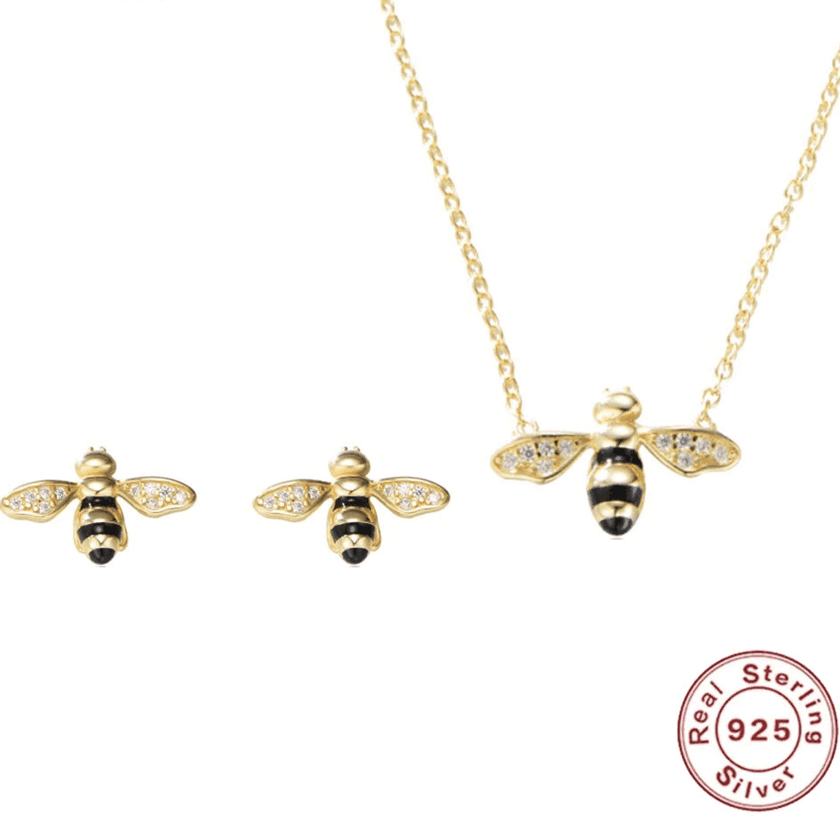 925 Sterling Silver 18K Gold Plated Necklace and Earring Charm Jewelry Set - Small Honey Bee - CCF009 - Touchy Style