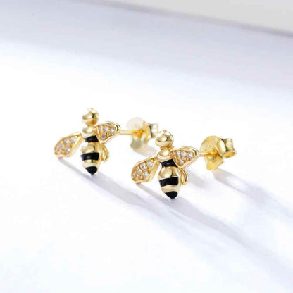 925 Sterling Silver 18K Gold Plated Necklace and Earring Charm Jewelry Set - Small Honey Bee - CCF009 - Touchy Style