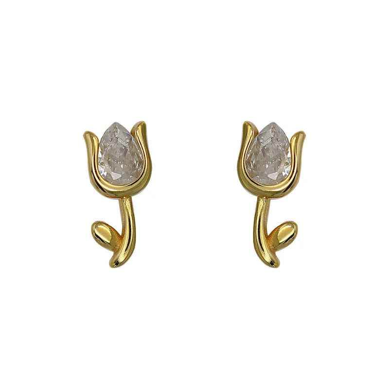 925 Sterling Silver 18k Gold Plated Stud Earrings Charm Jewelry - Tulip Flower - Xm264 - Touchy Style