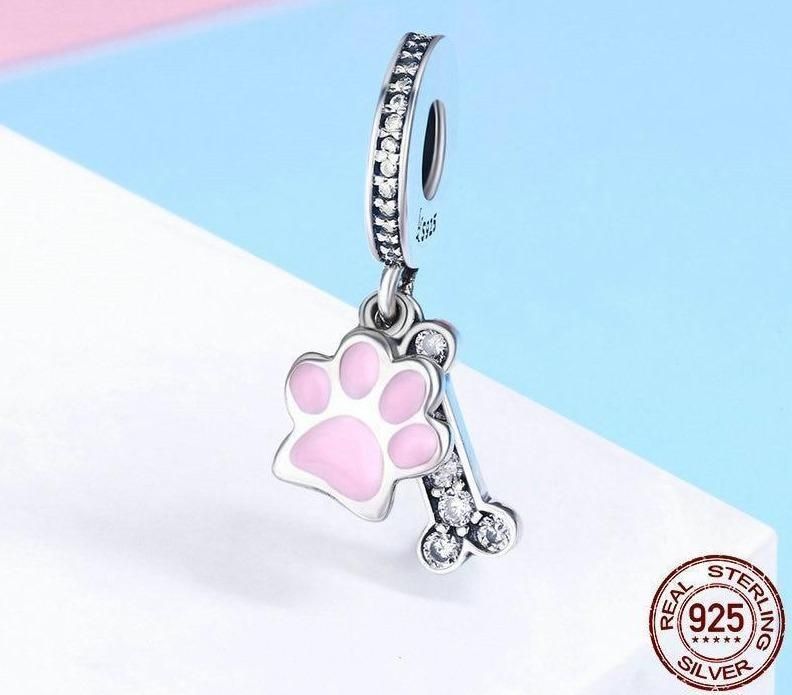 925 Sterling Silver Animal Dog Footprint &amp; Dog Bone Pendant Charm Jewelry Without Chain - Touchy Style .